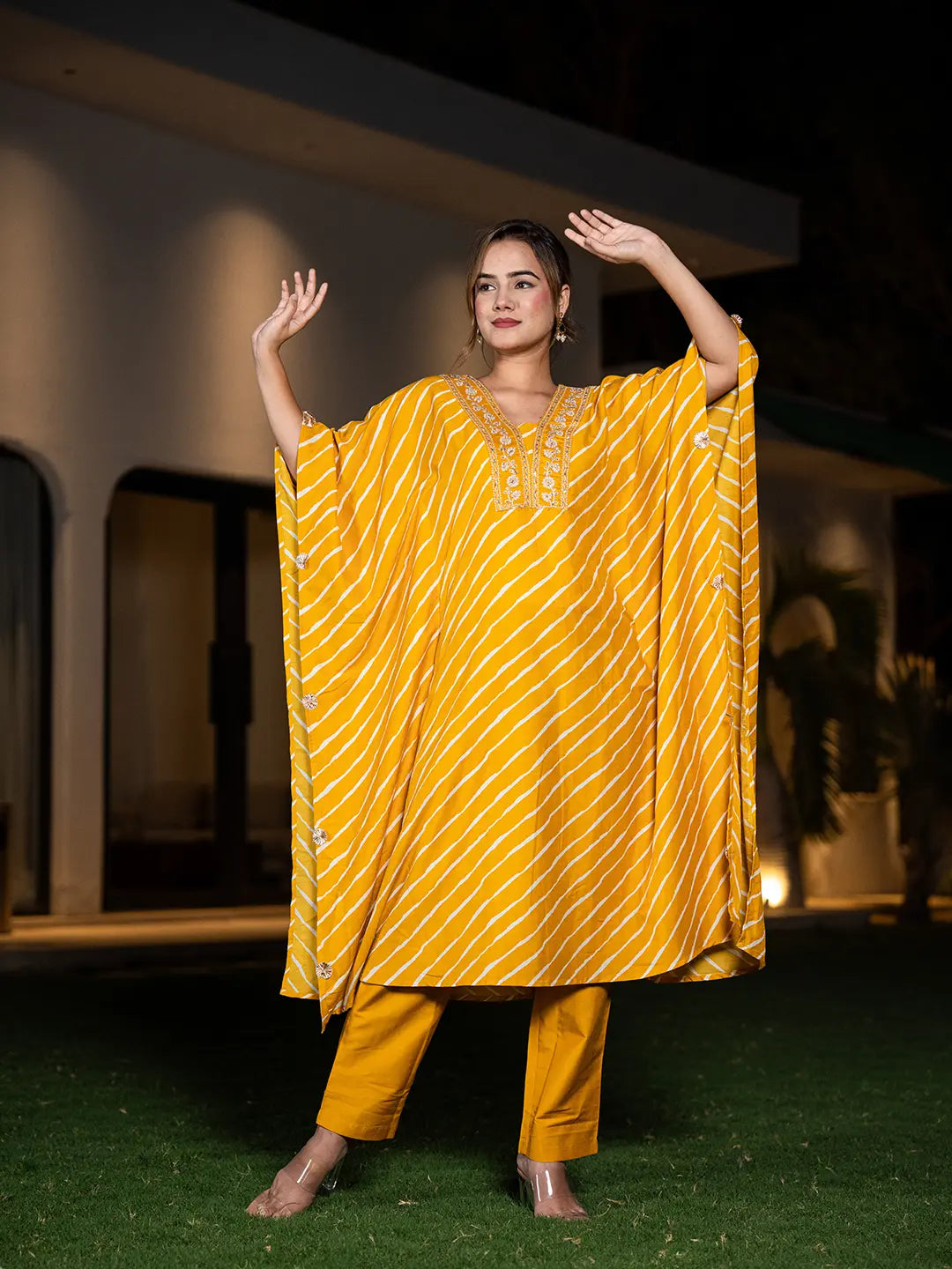 Mustard-Silk-Blend-Leheriya-Embroidered-Kaftan-Set