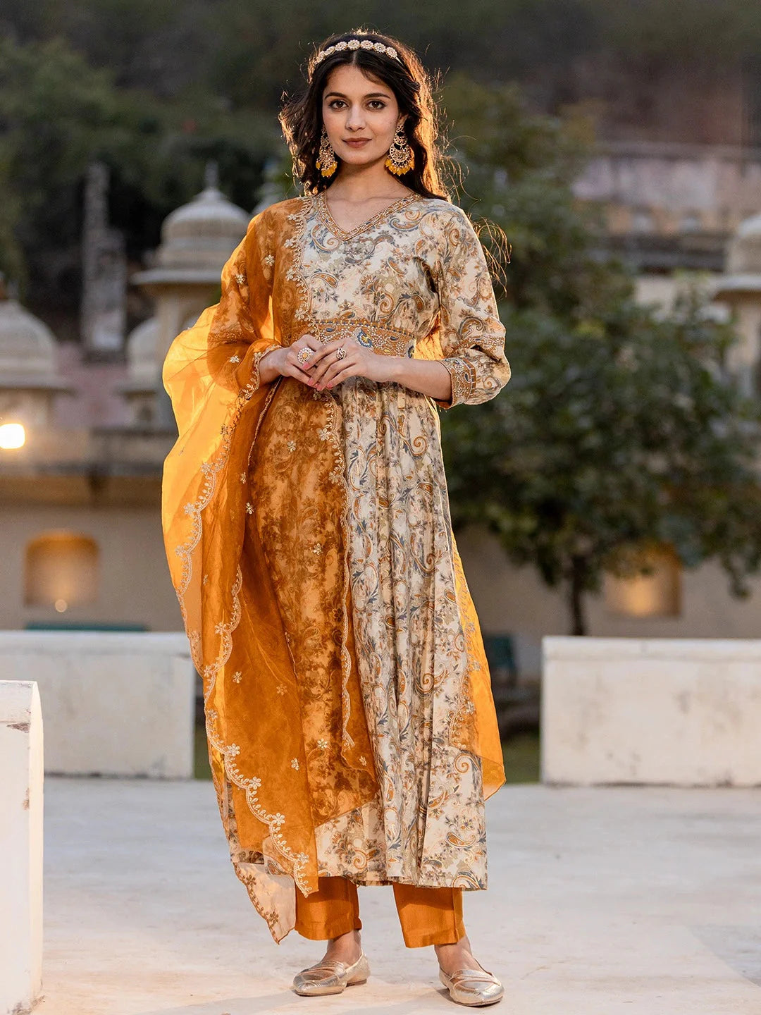 Mustard-Silk-Blend-Paisley-Puff-Sleeves-Anarkali-Set