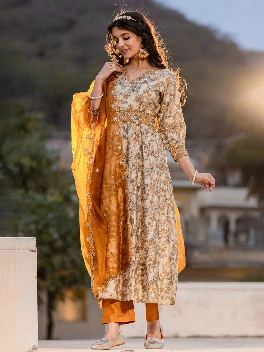 Mustard-Silk-Blend-Paisley-Puff-Sleeves-Anarkali-Set