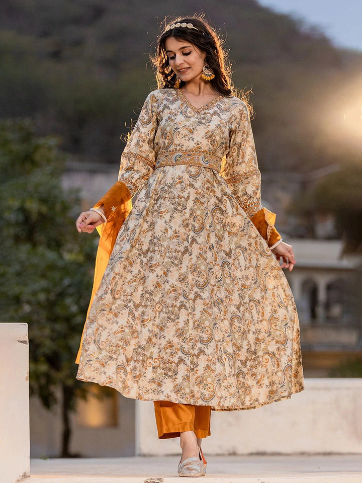 Mustard-Silk-Blend-Paisley-Puff-Sleeves-Anarkali-Set