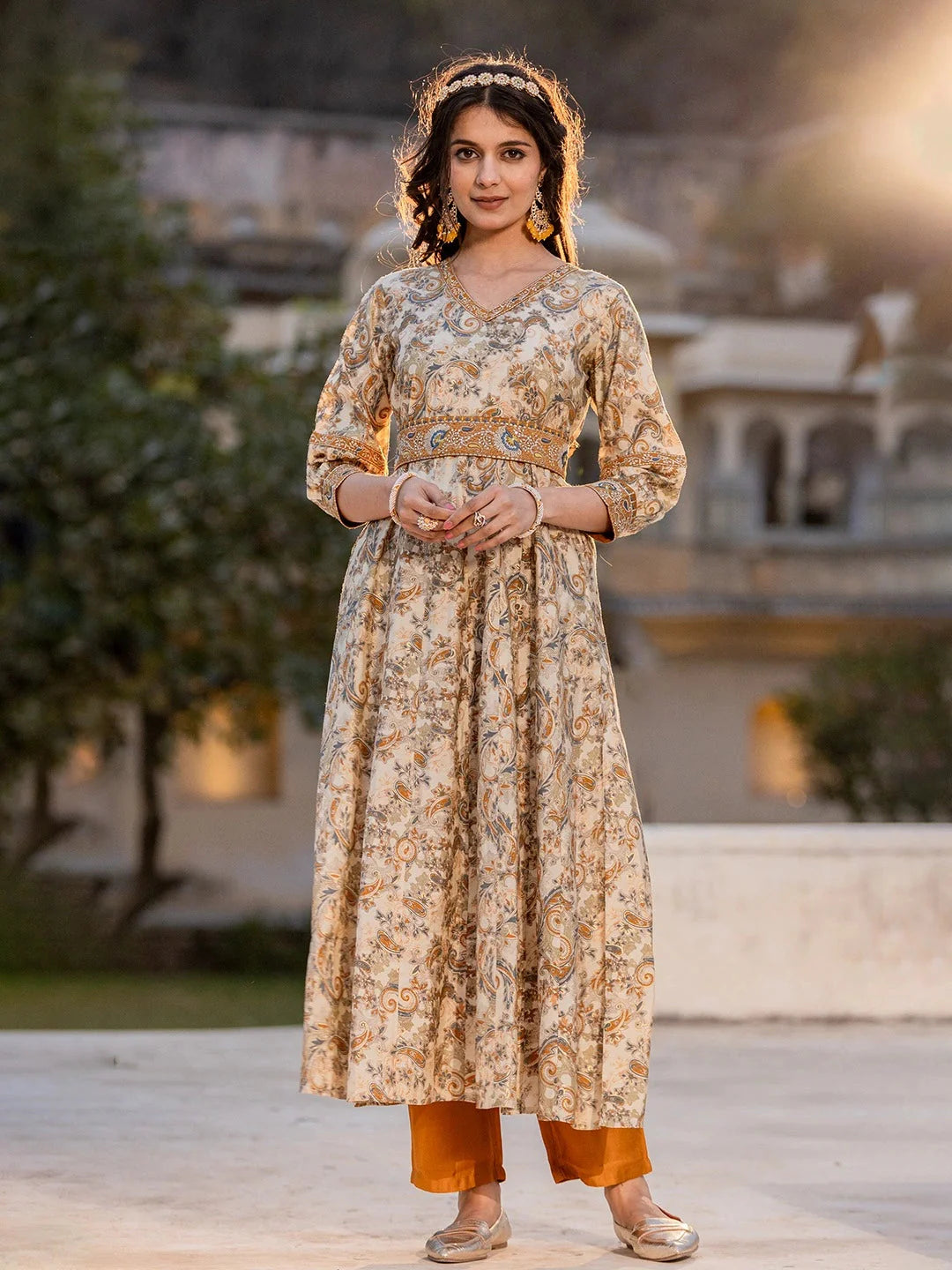 Mustard-Silk-Blend-Paisley-Puff-Sleeves-Anarkali-Set