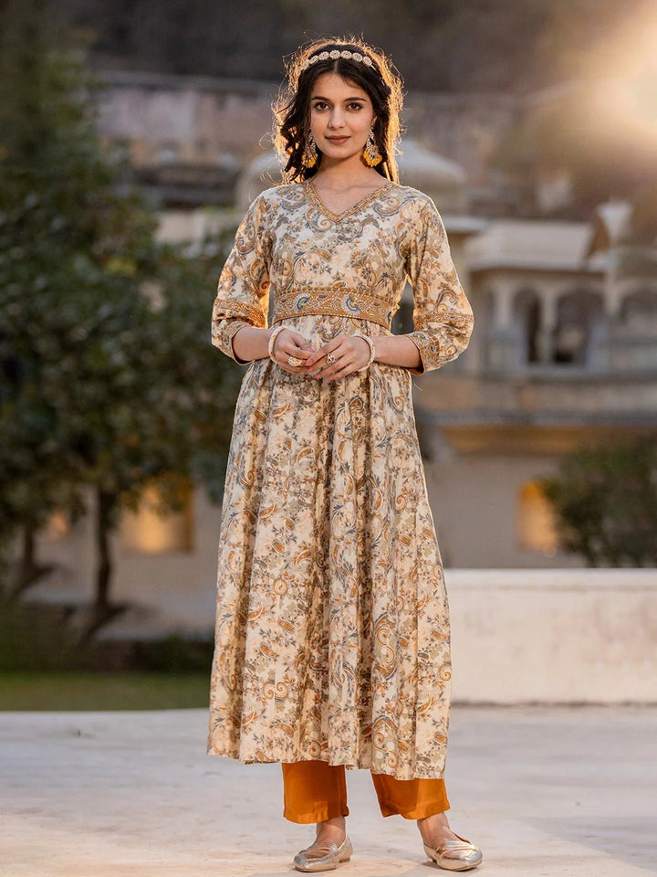 Mustard-Silk-Blend-Paisley-Puff-Sleeves-Anarkali-Set