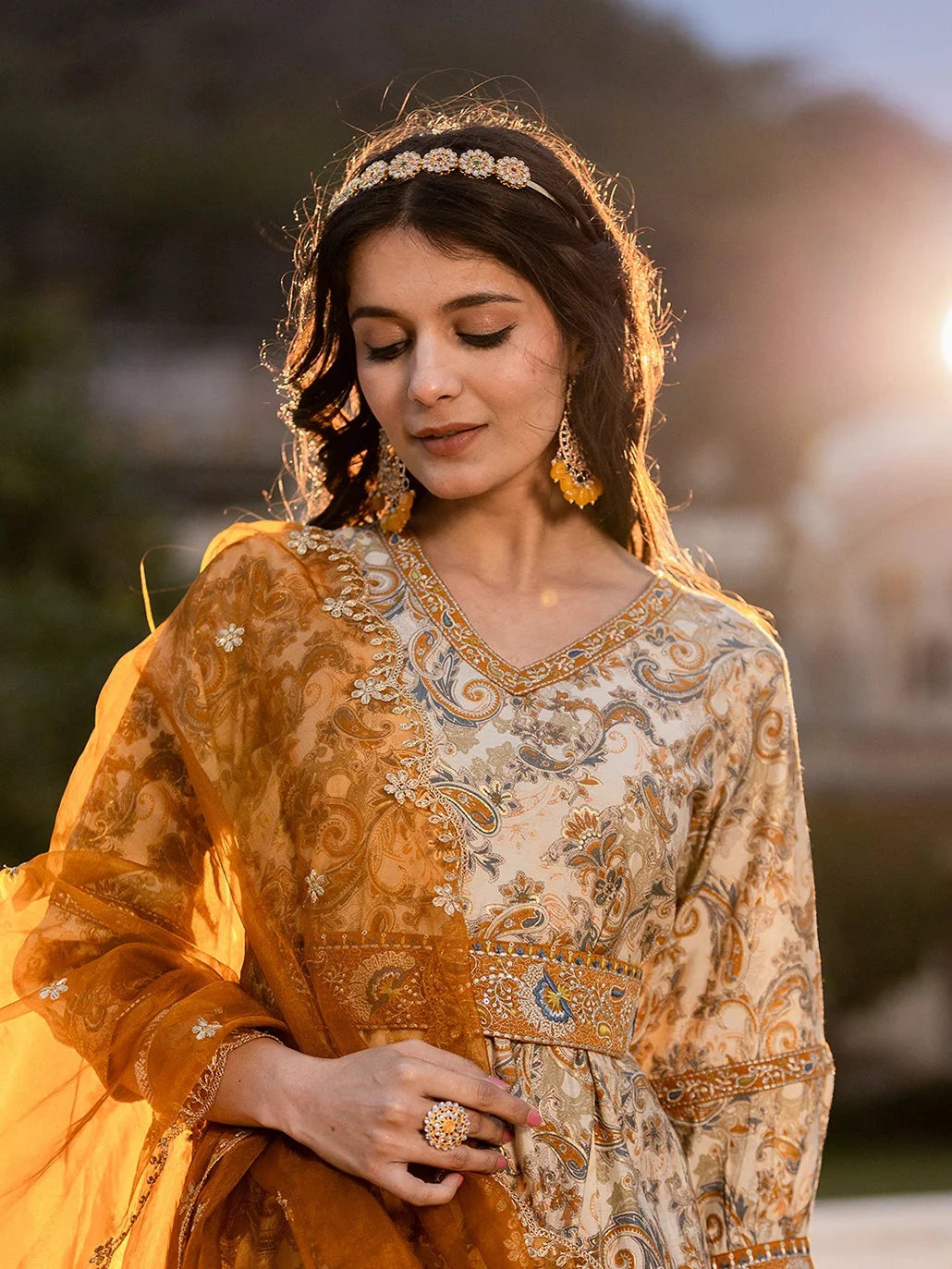 Mustard-Silk-Blend-Paisley-Puff-Sleeves-Anarkali-Set