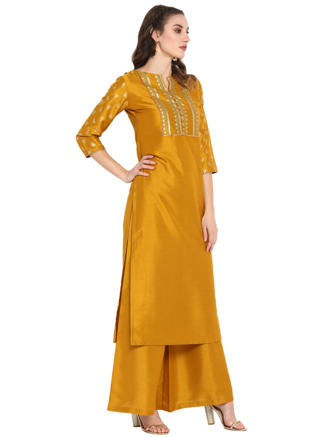 ZERESOUQ-Mustard-Poly-Silk-Shiny-2-Piece-Kurta-Set