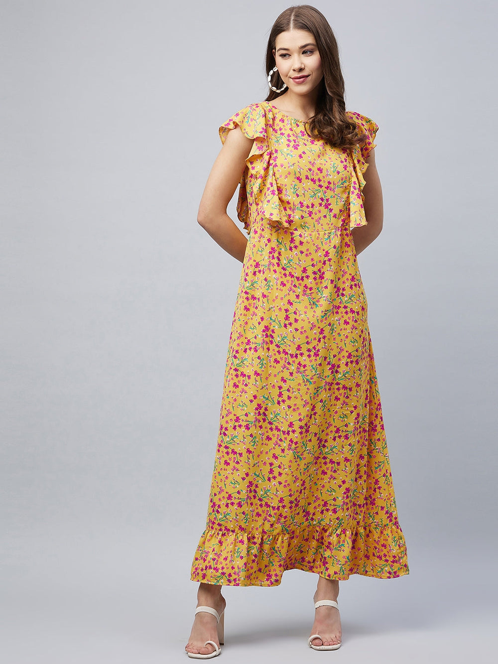 Mustard-Polyester-Floral-Maxi-Dress-With-Flutter-Sleeves