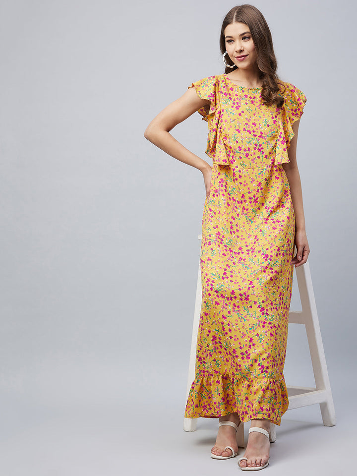 Mustard-Polyester-Floral-Maxi-Dress-With-Flutter-Sleeves