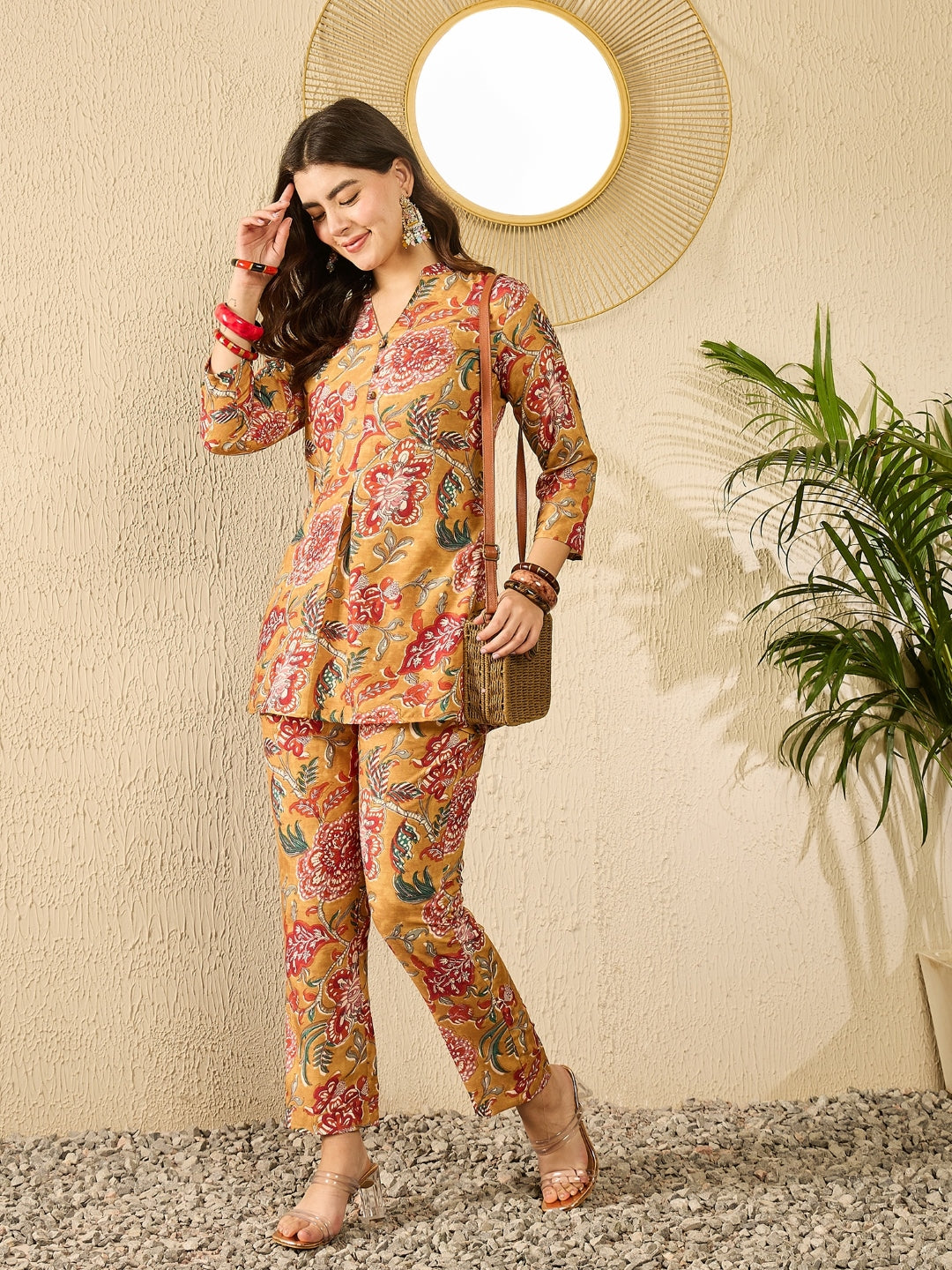Mustard Rayon Blend Floral Printed Co-Ord Set