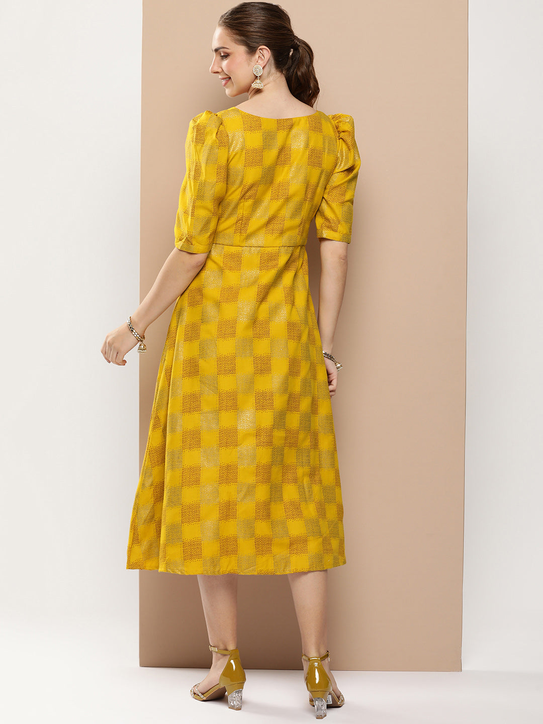 Mustard Rayon Printed A-Line Placket Dress