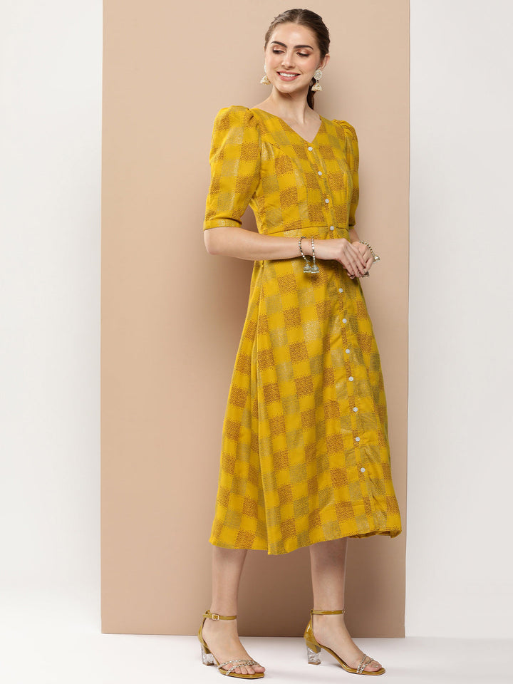 Mustard Rayon Printed A-Line Placket Dress