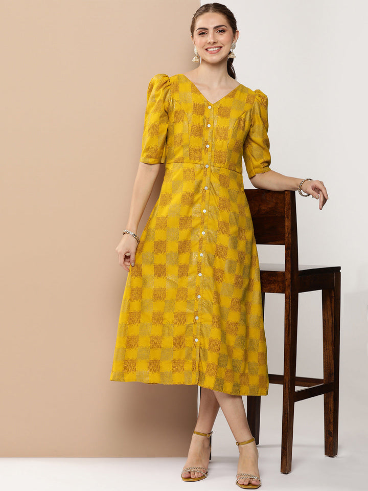 Mustard Rayon Printed A-Line Placket Dress