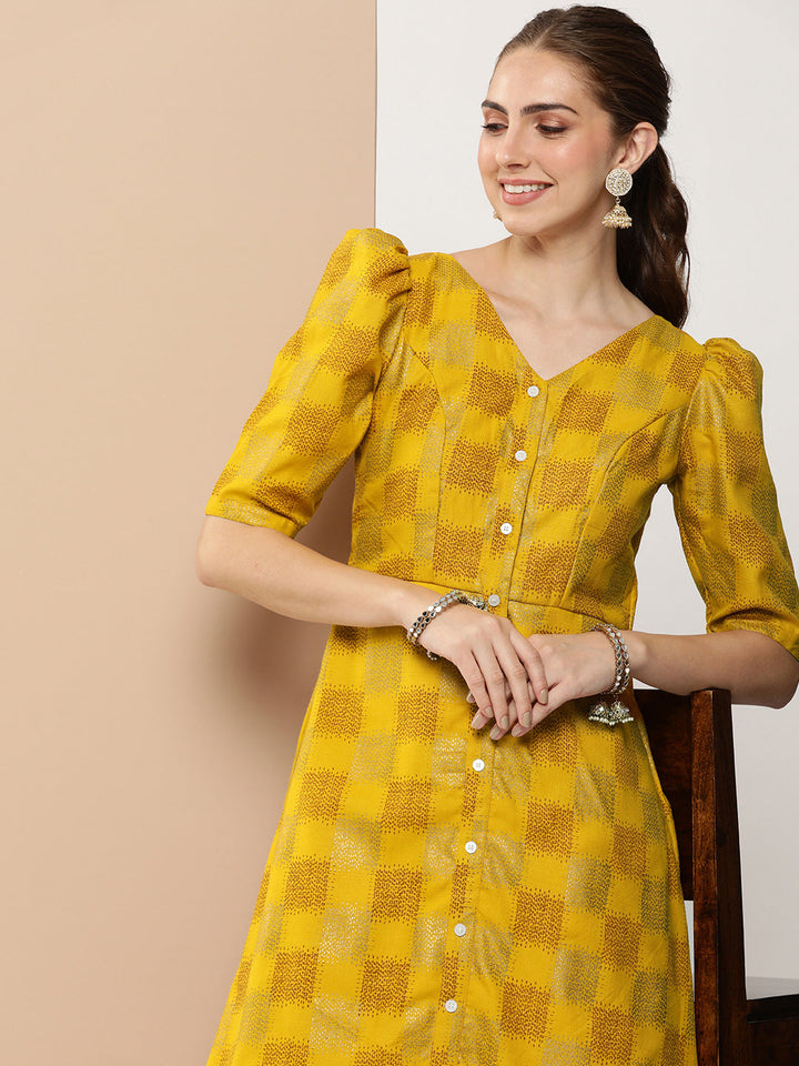 Mustard Rayon Printed A-Line Placket Dress