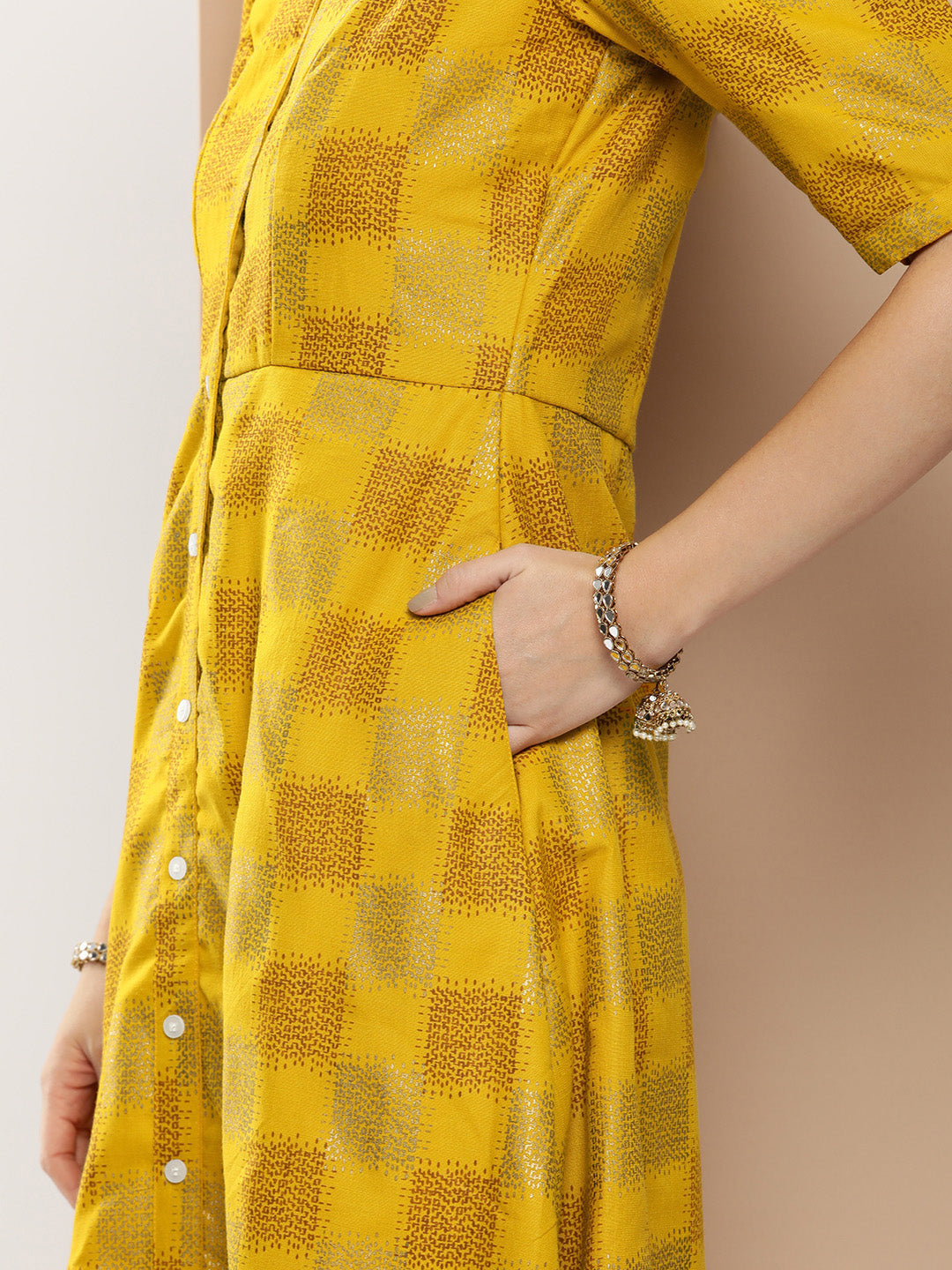 Mustard Rayon Printed A-Line Placket Dress