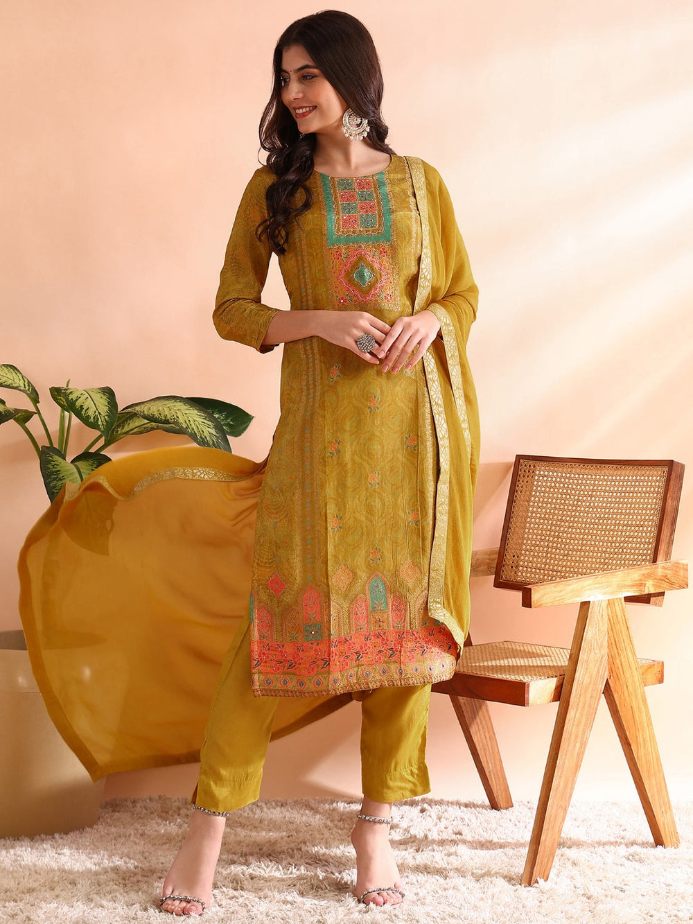 Mustard-Silk-Blend-Abstract-Woven-Design-3-Piece-Kurta-Set