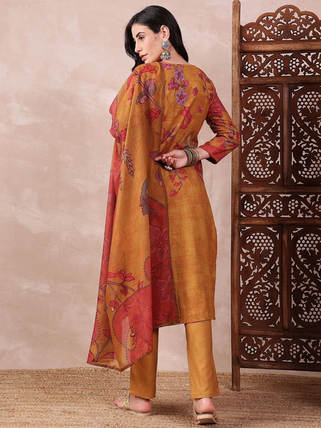 Mustard-Silk-Blend-Floral-Printed-3-Piece-Kurta-Set