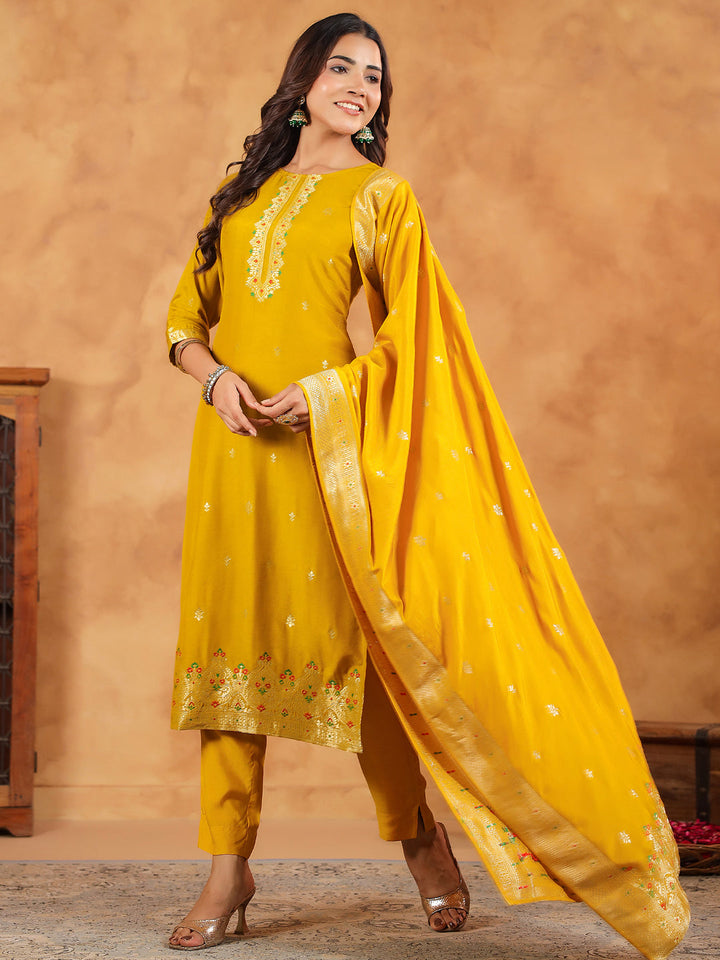 Mustard Silk Blend Jacquard Straight Kurta Set