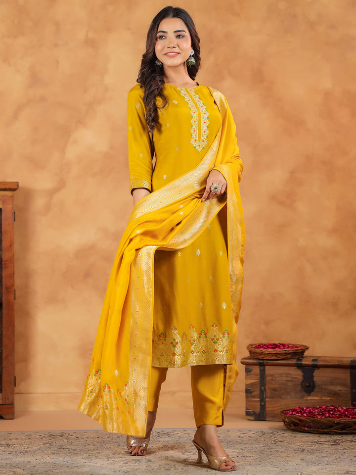 Mustard Silk Blend Jacquard Straight Kurta Set