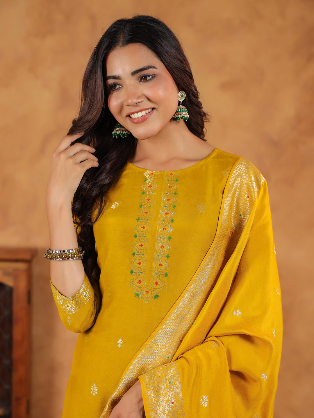 Mustard Silk Blend Jacquard Straight Kurta Set