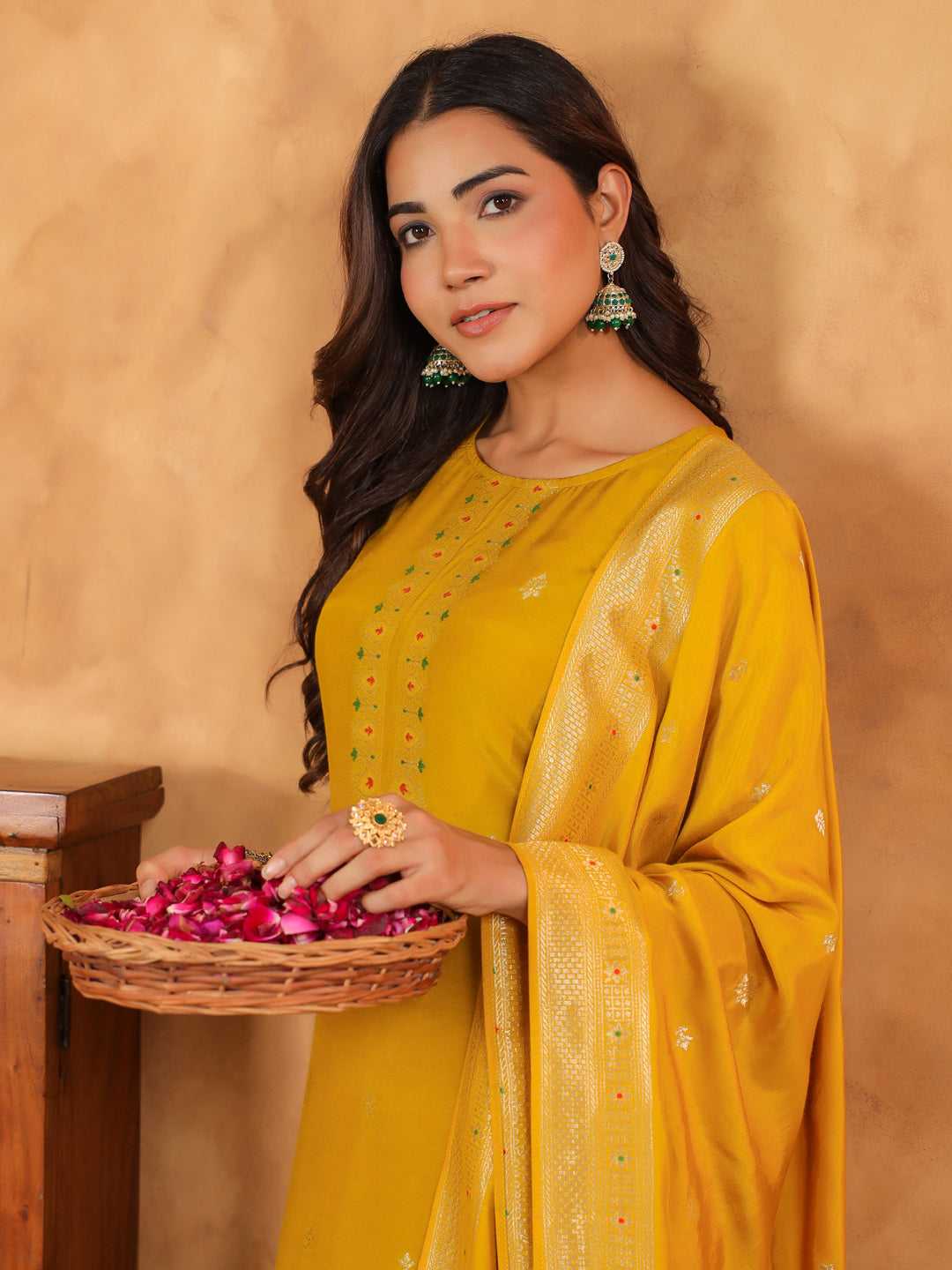 Mustard Silk Blend Jacquard Straight Kurta Set