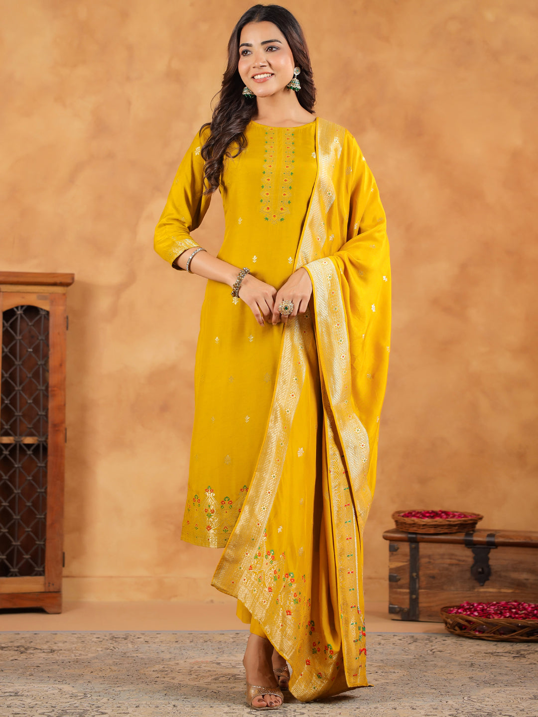 Mustard Silk Blend Jacquard Straight Kurta Set