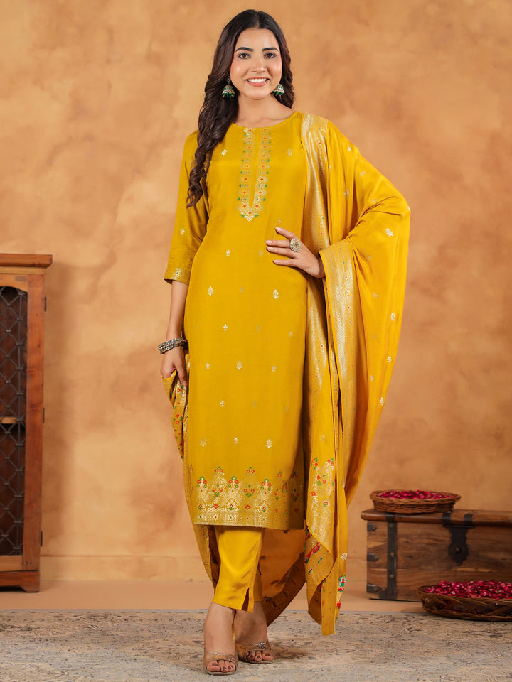 Mustard Silk Blend Jacquard Straight Kurta Set