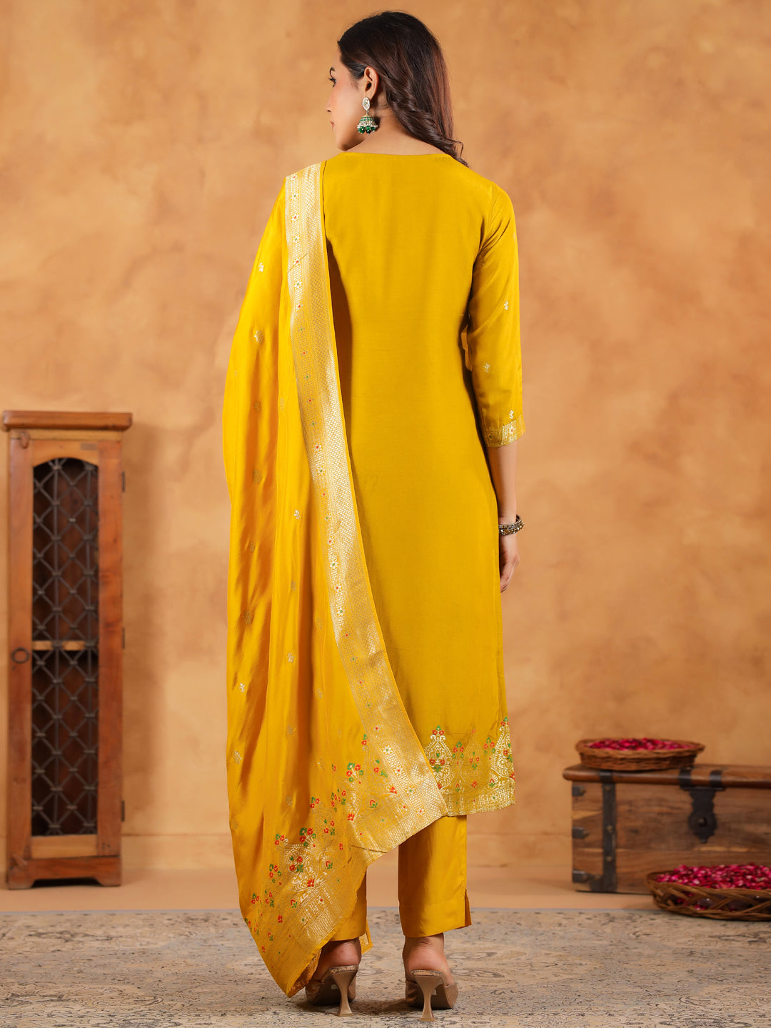 Mustard Silk Blend Jacquard Straight Kurta Set