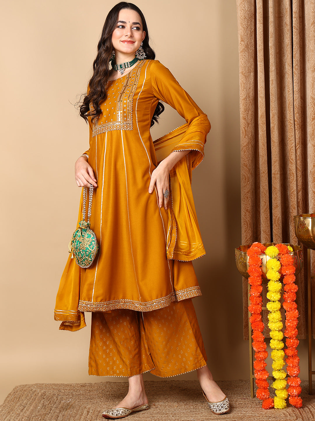 ZERESOUQ-Mustard-Silk-Blend-Solid-Embroidered-Anarkali-Kurta-Palazzo-With-Dupatta