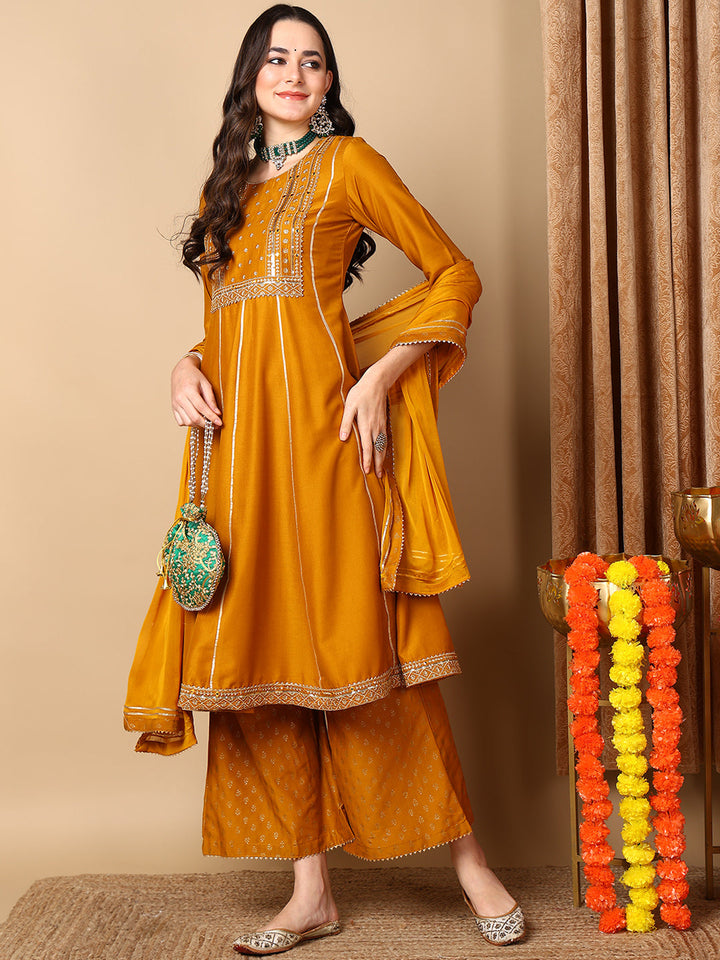 ZERESOUQ-Mustard-Silk-Blend-Solid-Embroidered-Anarkali-Kurta-Palazzo-With-Dupatta