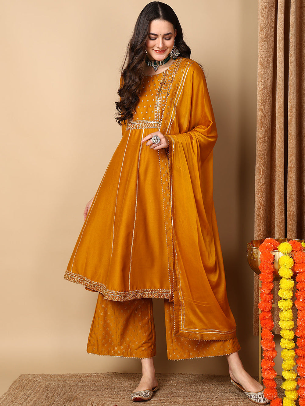 ZERESOUQ-Mustard-Silk-Blend-Solid-Embroidered-Anarkali-Kurta-Palazzo-With-Dupatta