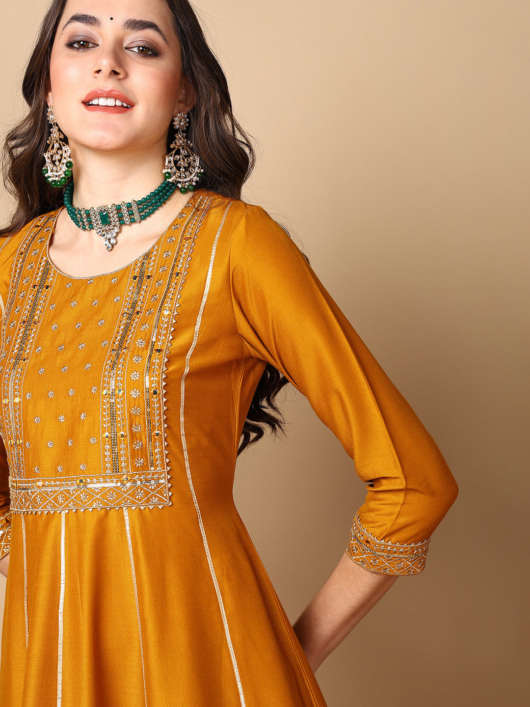 ZERESOUQ-Mustard-Silk-Blend-Solid-Embroidered-Anarkali-Kurta-Palazzo-With-Dupatta