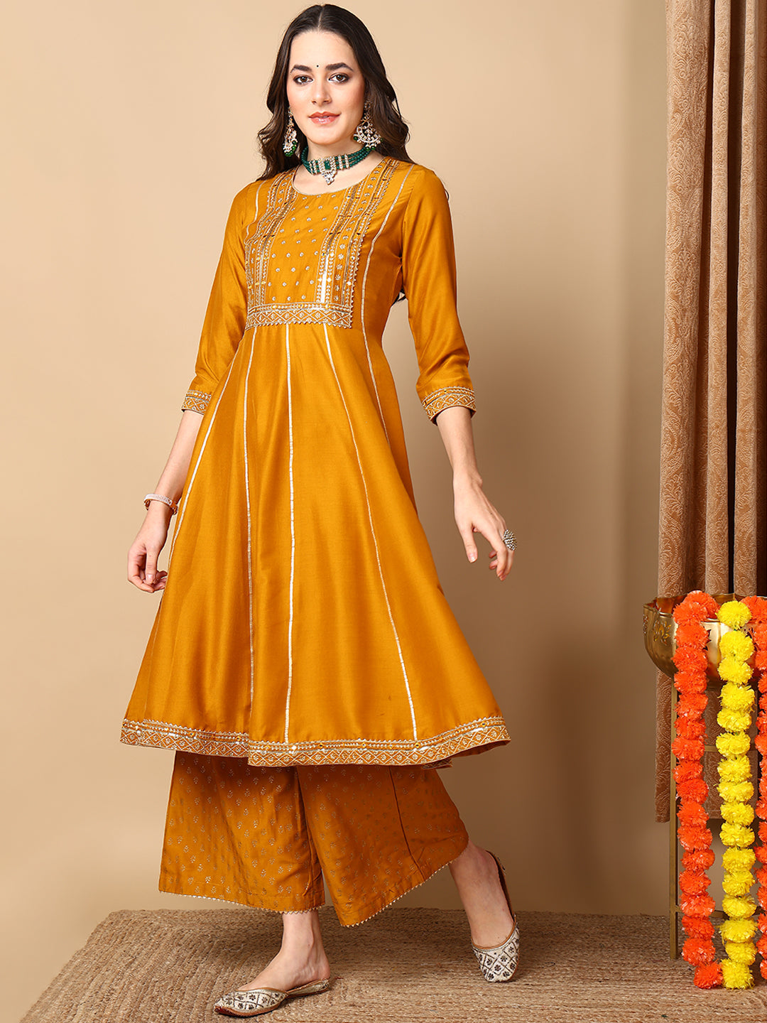 ZERESOUQ-Mustard-Silk-Blend-Solid-Embroidered-Anarkali-Kurta-Palazzo-With-Dupatta