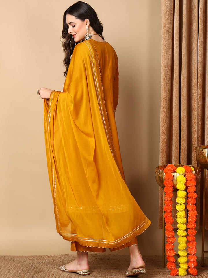 ZERESOUQ-Mustard-Silk-Blend-Solid-Embroidered-Anarkali-Kurta-Palazzo-With-Dupatta