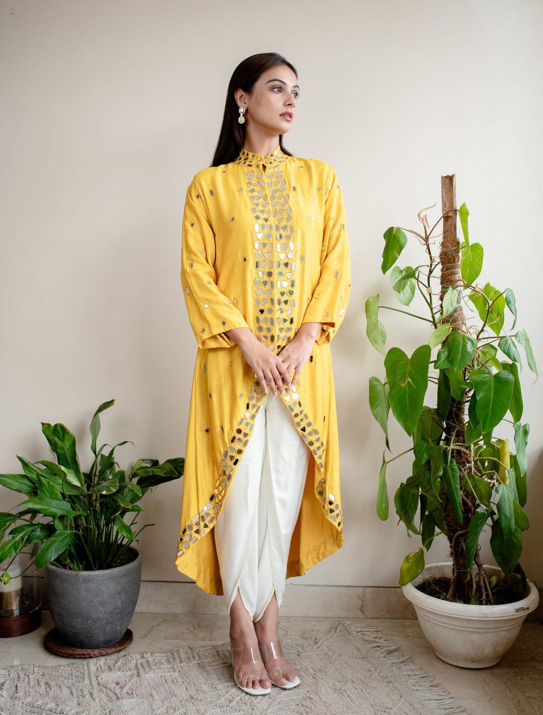 Mustard-Silk-Miror-Work-Indo-Western-2-Piece-Kurta-Set