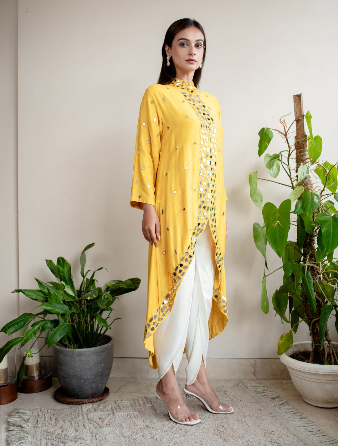 Mustard-Silk-Miror-Work-Indo-Western-2-Piece-Kurta-Set