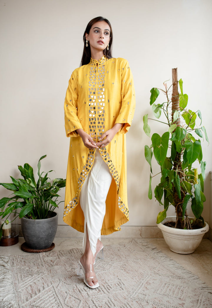 Mustard-Silk-Miror-Work-Indo-Western-2-Piece-Kurta-Set