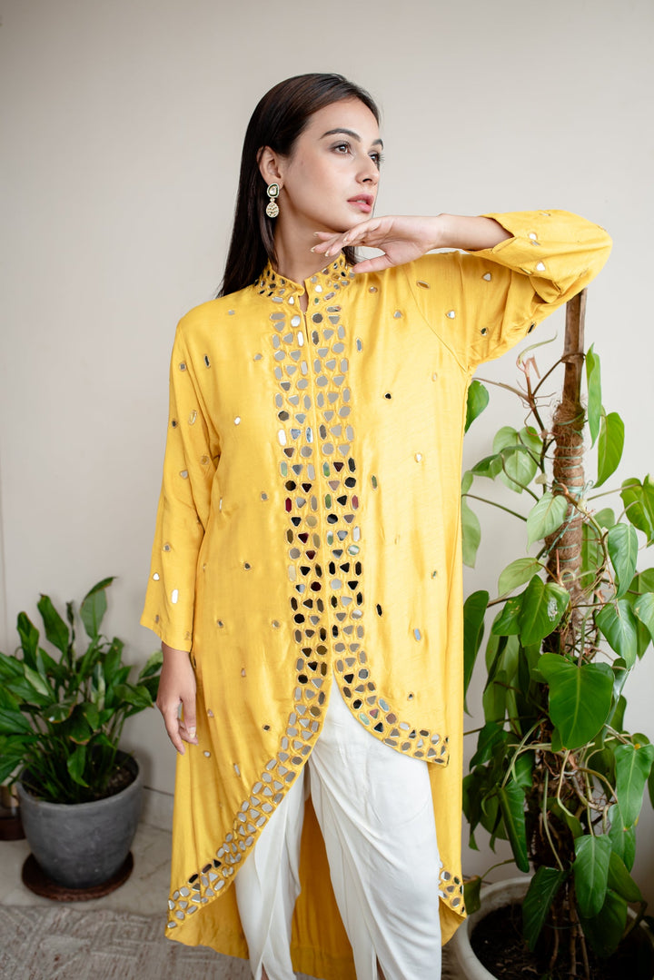 Mustard-Silk-Miror-Work-Indo-Western-2-Piece-Kurta-Set