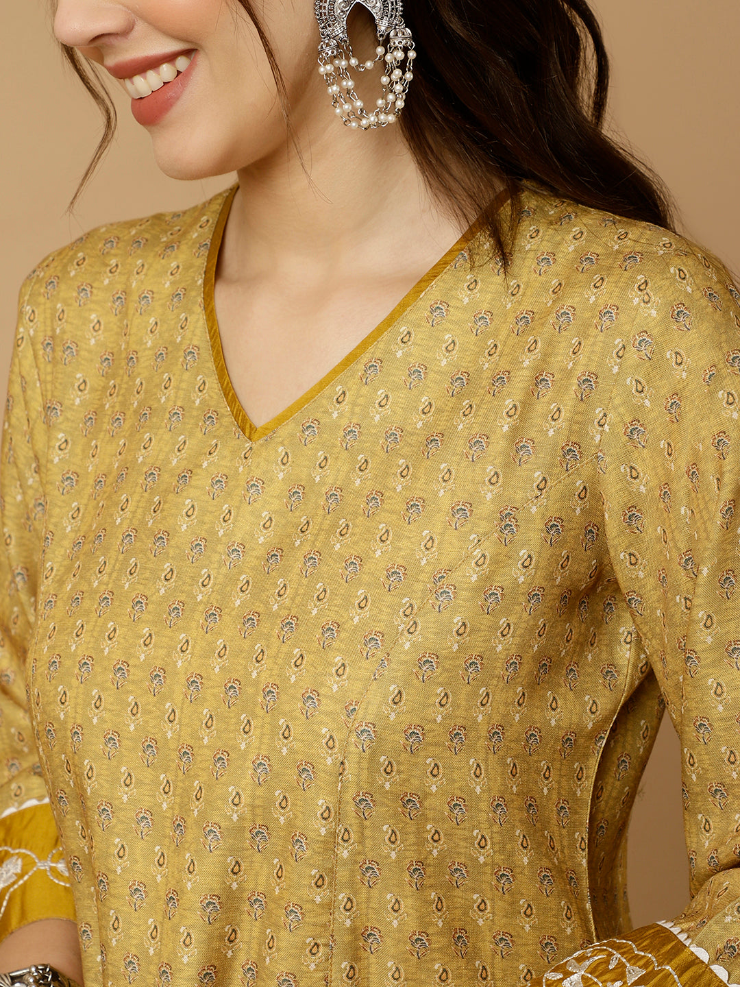 Mustard-Viscose-Rayon-Embroidered-A-line-3-Piece-Kurta-Set