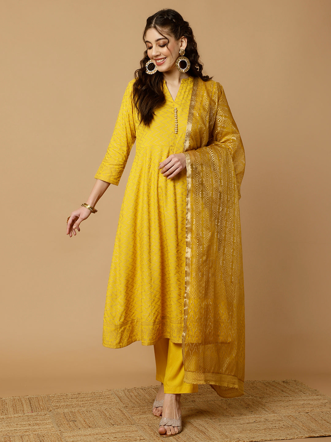 Mustard-Viscose-Rayon-Zigzag-Printed-Anarkali-Set