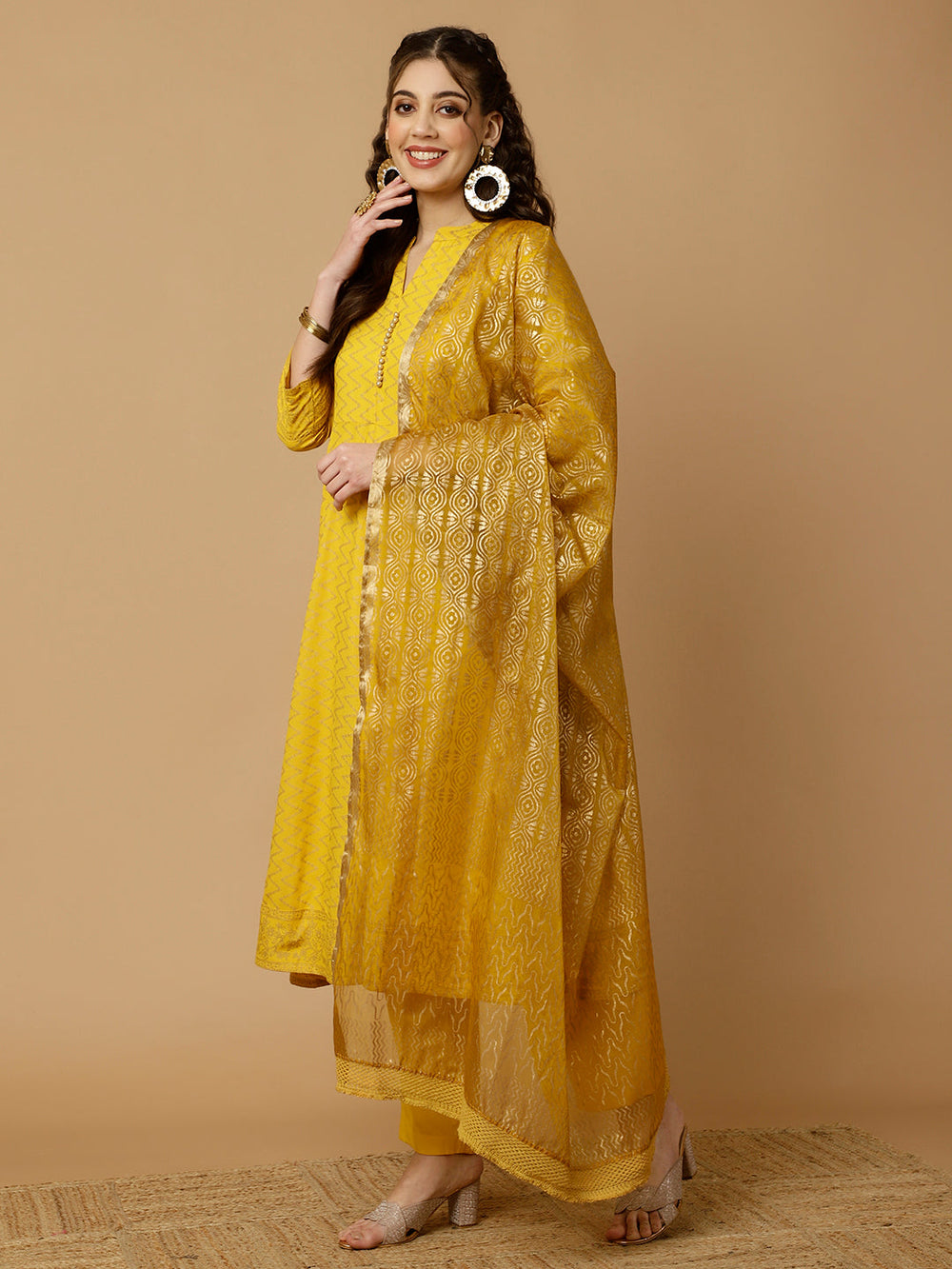 Mustard-Viscose-Rayon-Zigzag-Printed-Anarkali-Set