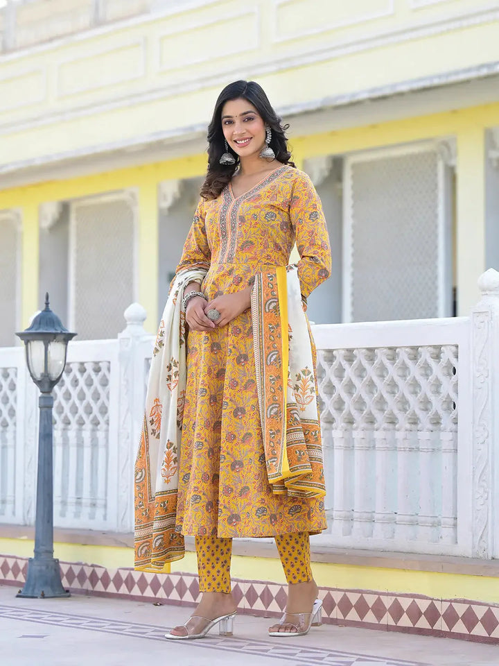 Mustard-Yellow-Cotton-Floral-Print-Anarkali-Set