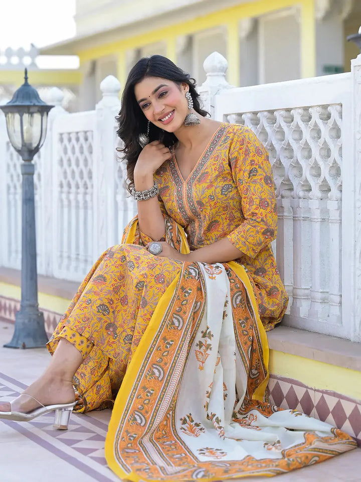 Mustard-Yellow-Cotton-Floral-Print-Anarkali-Set