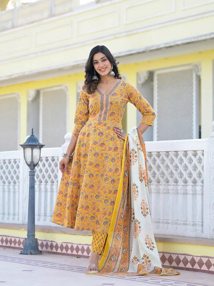 Mustard-Yellow-Cotton-Floral-Print-Anarkali-Set