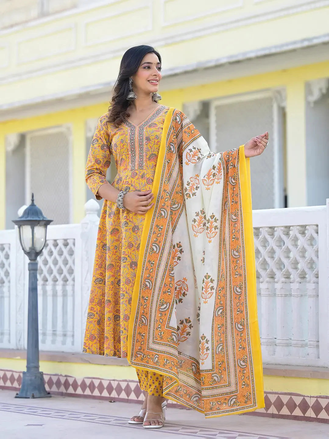 Mustard-Yellow-Cotton-Floral-Print-Anarkali-Set