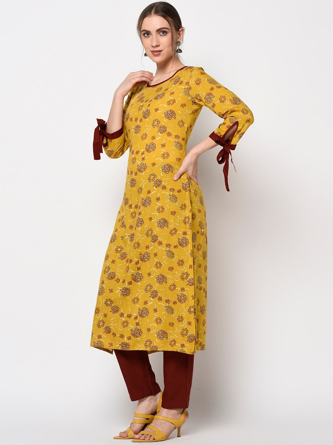 Mustard-Yellow-&-Grey-Rayon-A-Line-Kurta