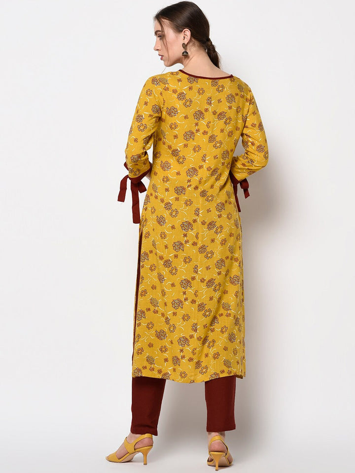 Mustard-Yellow-&-Grey-Rayon-A-Line-Kurta