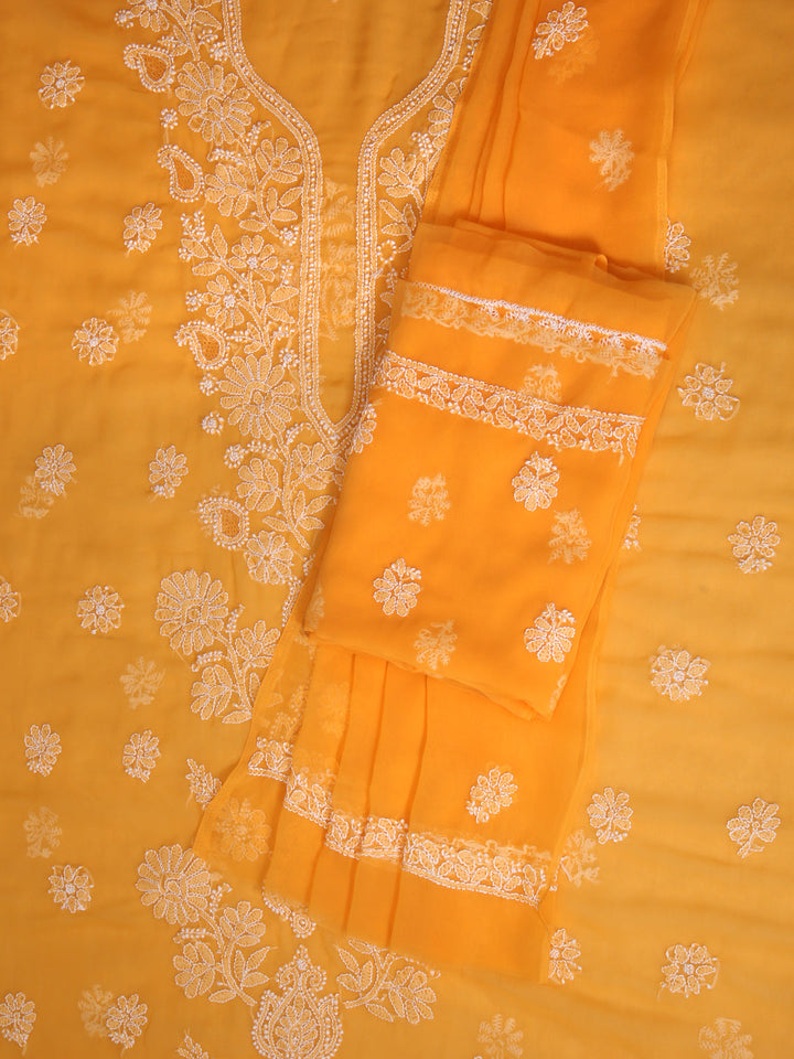 Mustard-&-White-Georgette-Chikankari-Dress-Material