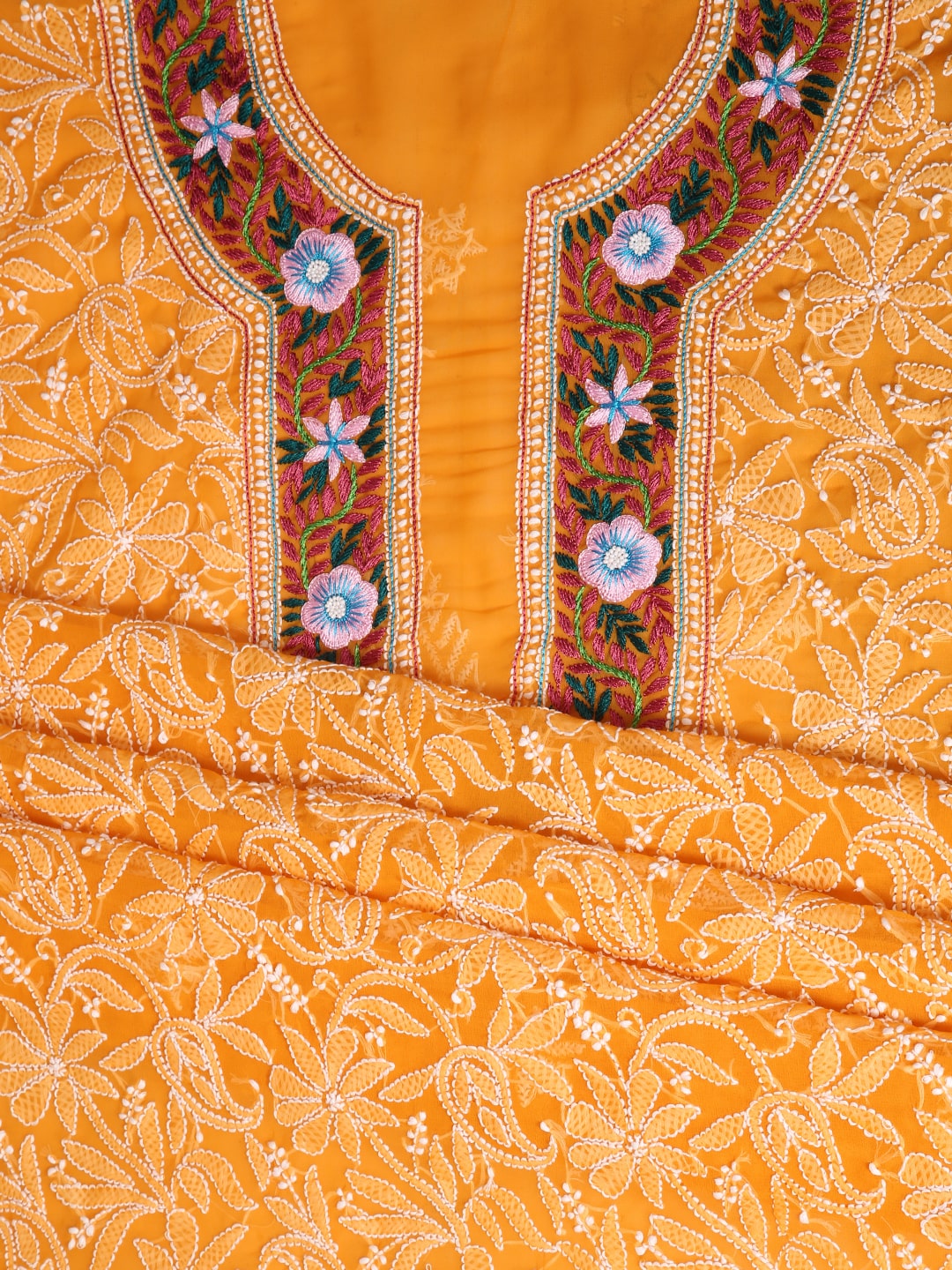 Mustard-&-White-Georgette-Chikankari-Parsi-Dress-Material