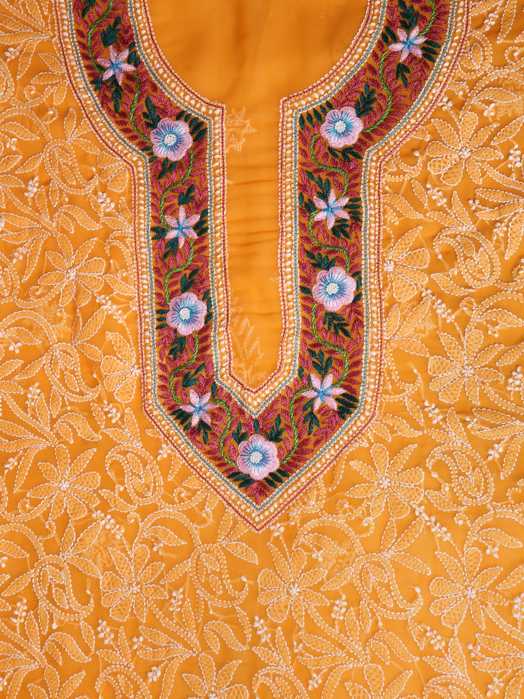 Mustard-&-White-Georgette-Chikankari-Parsi-Dress-Material