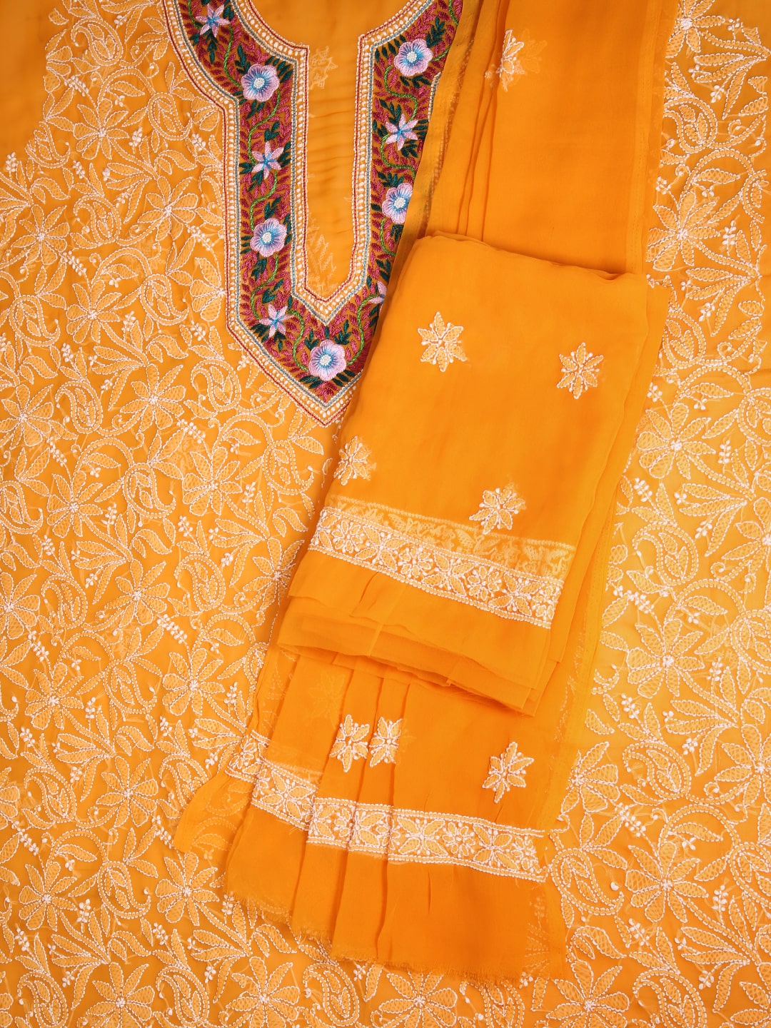 Mustard-&-White-Georgette-Chikankari-Parsi-Dress-Material