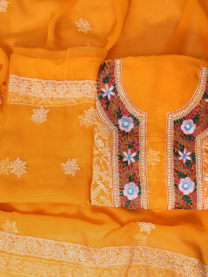 Mustard-&-White-Georgette-Chikankari-Parsi-Dress-Material