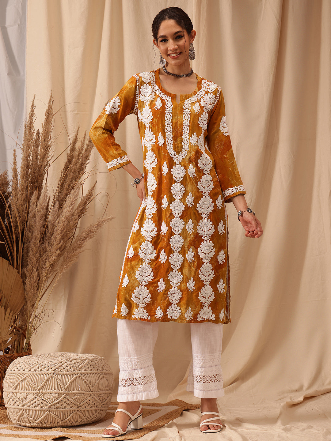 Mustard-&-White-Modal-Embroidered-Chikankari-Kurta